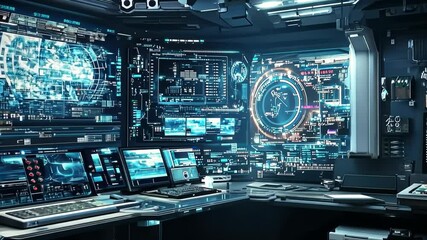 Poster - Exploring a futuristic control room with cutting-edge technology and vibrant displays at night Generative AI