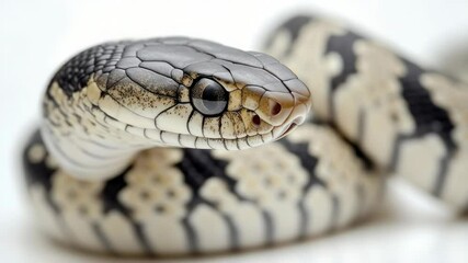 Poster - A close-up shot of a snake's head and body on a white surface