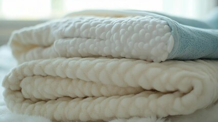Poster - A stack of towels resting on top of a bed, great for interior design or hospitality photography