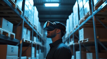 Poster - Man Wearing Virtual Reality Headset in Modern Warehouse Exploring Inventory Management System Futuristic Technology Digital Innovation Advanced Logistics Solutions       