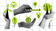 © Aliaksandra - Retro collage with halftone hands and green eco-friendly design elements. Renewable sustainable energy resources. Investments in green business