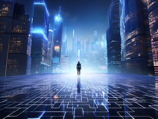 Aufkleber - 暗い未来都市の夜景 人物のシルエット 輝くライトと青色の背景 現代的なデジタルデザイン