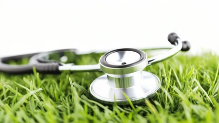 Poster - A stethoscope lying on a bright and lush green grassy area, potentially used for outdoor medical purposes or as a prop in a nature-inspired scene