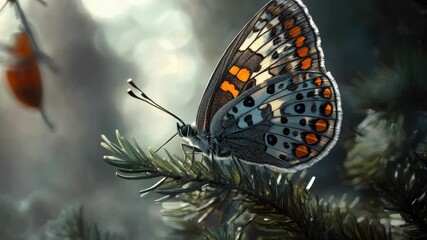 Poster - A close-up view of a colorful butterfly perched on a tree branch, with intricate details and textures