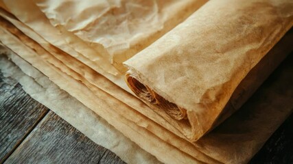 Poster - A stack of brown paper sheets sits atop a wooden table, perfect for note-taking or artistic expression