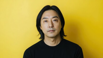 Poster - A person wearing a black shirt stands in front of a bright yellow background, ready for something