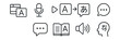© Tanya - Line vector icons of voice translation apps: language flags, mic input, play button, translation output, speech bubble, phrasebook, pronunciation guide, accent adjust.