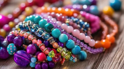 Poster - A pile of colorful beads on a wooden table, ideal for jewelry-making or decorative purposes