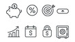 © Tanya - Line vector icons of savings account: piggy bank, interest icon, goal tracker, deposit button, account growth, savings calendar, lock fund, dollar vault.