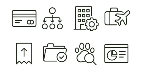 Line vector icons of business expense tools: corporate card, approval workflow, department code, business trip icon, receipt upload, category assignment, audit trail, summary tab.