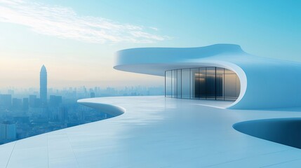 Poster - 都会のモダンな建築デザインの展望テラス 広角の都市風景 青い空と白い構造物の対比