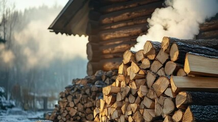 Poster - A stack of logs sits next to a cozy log house, perfect for a rustic or outdoor-themed project