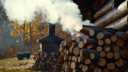 Aufkleber - A wood pile next to a building with visible smoke, suitable for use in images about pollution, environmental concerns, or rural settings
