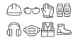 © Tanya - Line vector icons of protective gear: hard hat, safety glasses, gloves, knee pads, ear protection, face mask, safety vest, work boots.