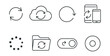 © Tanya - Line vector icons of data synchronization: sync arrows, cloud refresh, auto-update icon, linked devices, progress circle, backup icon, real-time toggle, status indicator.