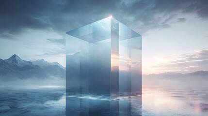 Poster - 青い透明な立方体の構造が水面に反射する幻想的な風景 夕焼け空と山々が背景に広がる
