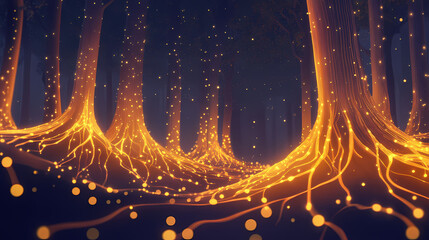 Wall Mural - forest with soft glowing tendrils and drifting particles of light. [mechanical forests] | radiant ro