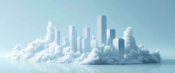 Aufkleber - 青空に浮かぶ白い雲と都市の3Dレンダリング 幻想的な建築物と水面の風景