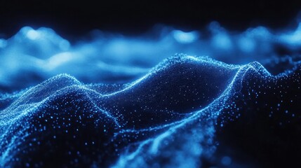 Poster - Blue digital landscape, particles flowing, dark background, tech concept