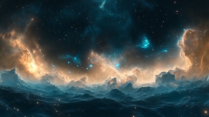 stunning nebula landscape with golden and blue hues over dramatic mountains sky art dark space stars