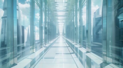 Aufkleber - 未来的な通路内の透明なガラス構造の抽象的な都市風景 広角パースペクティブの青と白の光景