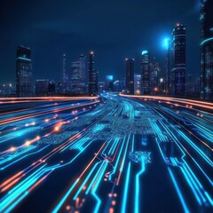 Poster - Futuristic city highway, digital data flow, night, technology