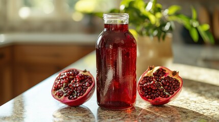Wall Mural - pomegranate juice in glass bottle with fruit halves