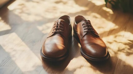 Poster - A pair of brown shoes sit on a wooden floor, great for interior design or furniture photos