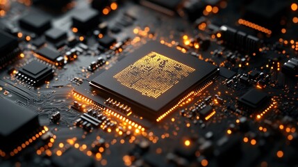 Poster - Close-up of a glowing computer processor on a circuit board, showcasing intricate details and technological advancement.