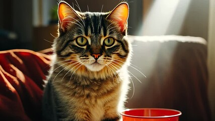 Wall Mural - A tabby cat with bright eyes is captured in a sunbeam against a warm indoor setting. Its fur patterns create a distinct contrast with the light highlighting its face.