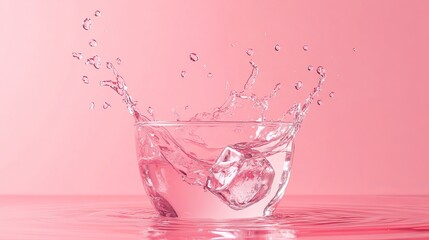 Poster - Refreshing Pink Water Splash Ice Cube in Glass Crystal Clear Liquid Cool Drink Summer Beverage Clean Purity Hydration Minimalist Photography Studio Shot art icy life cold