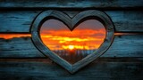 Heart-shaped wooden cutout, sunset view