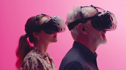 Poster - man woman virtual reality headset technology experience modern pink background futuristic innovation