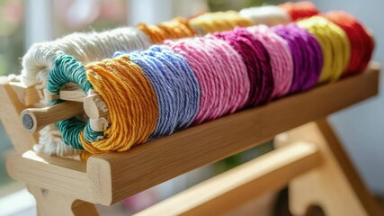 Poster - Cozy ball of yarn displayed on rustic wooden rack, perfect for knitting or crochet projects