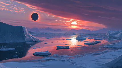 Wall Mural - Solar eclipse casts twilight glow over icy arctic landscape with floating icebergs and calm waters. [Surreal Oceans] | Frozen Currents | icy waters. Illustration