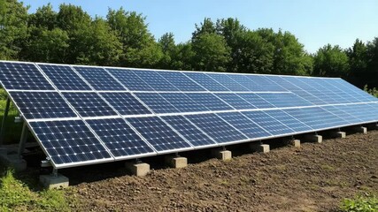 Poster - A large solar panel array situated in a open field, suitable for use in environmental or technology-related contexts
