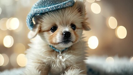 Wall Mural - A fluffy puppy wears a sparkling blue hat, surrounded by blurred festive lights. The dog lies on a soft surface, its gaze directed towards the camera with gentle curiosity