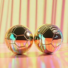 Poster - Two iridescent soccer balls stand on a pastel backdrop.