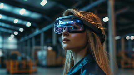Poster - woman wearing futuristic smart glasses advanced technology digital future innovation modern female v