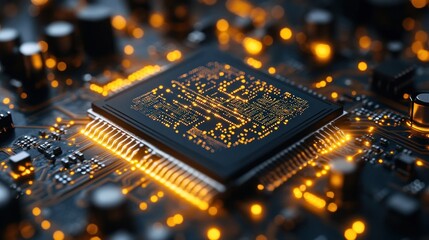 Poster - Close-up of a Modern Microchip on a Circuit Board, Illuminating Technological Advancement