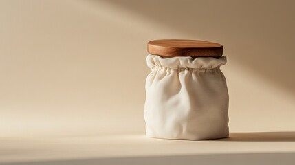 Poster - Elegant Cream Fabric Container Wooden Lid Natural Beige Background Minimalist Product Photography Studio Shot Mockup Design Template Simple Stylish   