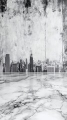 Poster - Monochromatic cityscape reflected on a marbled surface.