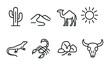 © Павел Озарчук - Desert safari outline icons set – linear style symbols for adventure, wildlife, and nature exploration: cactus, sand dunes, camel, sun, lizard, scorpion, rocks, skull.