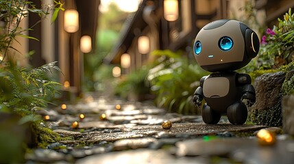 Cute robot exploring a serene Japanese garden path.  A small, friendly robot with large, expressive eyes stands on a cobblestone path surrounded by lush greenery, 