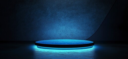 Poster - 3D rendering of a futuristic background with a blue light podium and a dark room interior for a product presentation, virtual show stage design, or e-commerce display in a cyberpunk style. Futuristic 