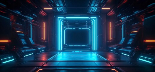 Poster - 3D rendering of a futuristic background with a blue light podium and a dark room interior for a product presentation, virtual show stage design, or e-commerce display in a cyberpunk style. Futuristic 