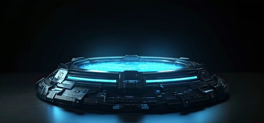 Poster - 3D rendering of a futuristic background with a blue light podium and a dark room interior for a product presentation, virtual show stage design, or e-commerce display in a cyberpunk style. Futuristic 