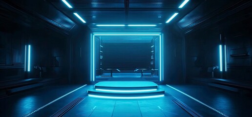 Poster - 3D rendering of a futuristic background with a blue light podium and a dark room interior for a product presentation, virtual show stage design, or e-commerce display in a cyberpunk style. Futuristic 