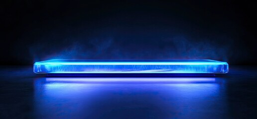 Poster - 3D rendering of a futuristic background with a blue light podium and a dark room interior for a product presentation, virtual show stage design, or e-commerce display in a cyberpunk style. Futuristic 