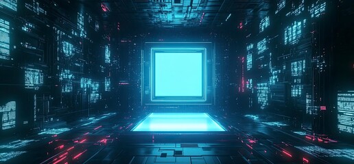 Poster - 3D rendering of a futuristic background with a blue light podium and a dark room interior for a product presentation, virtual show stage design, or e-commerce display in a cyberpunk style. Futuristic 